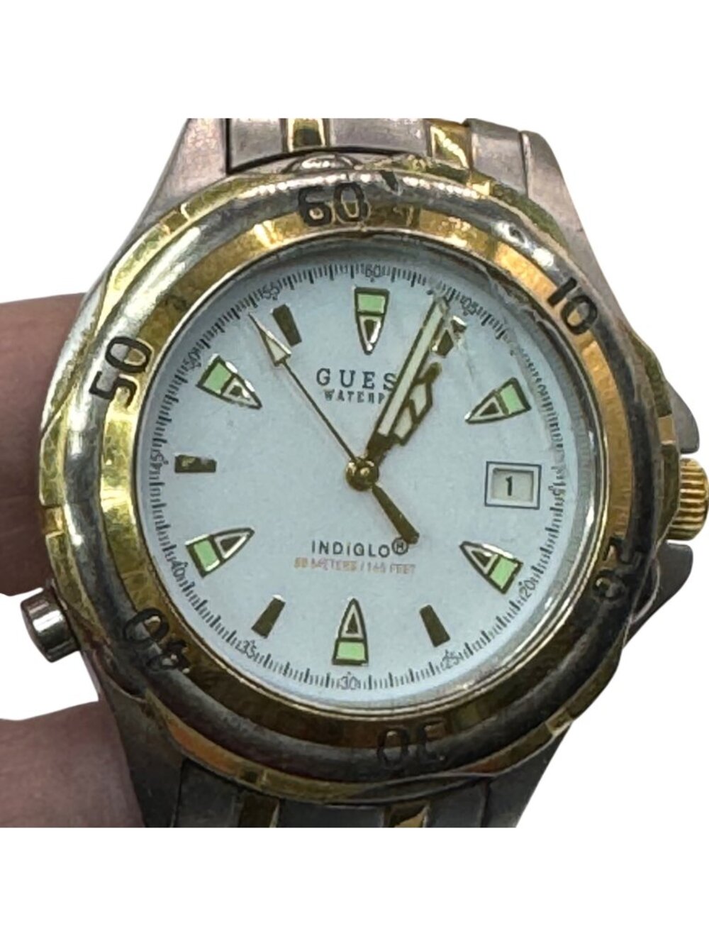 Guess Waterpro Two-Tone Mens Watch Quartz Stainless Steel White Dial Date 50M